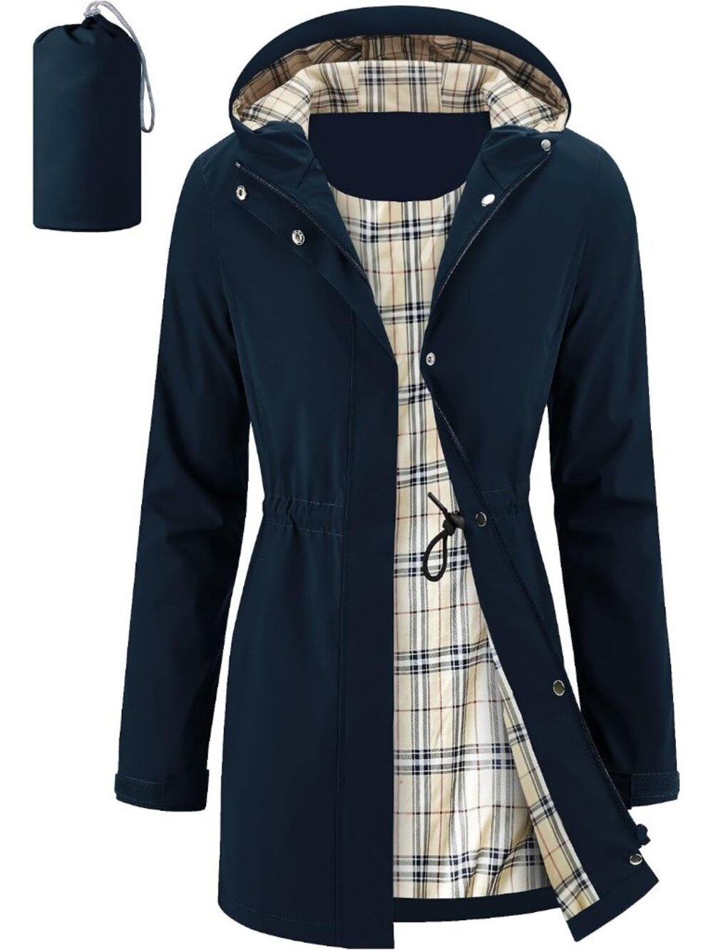 Women's Navy Long Rain Jacket Waterproof Packable Hooded Windbreaker Daily Wear